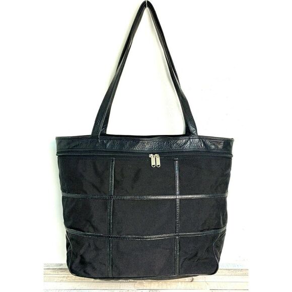LARGE ST DENIS BLACK NYLON BLACK LEATHER TRIM HANDLES TOTE SHOULDER BAG HANDBAG - Picture 2 of 12